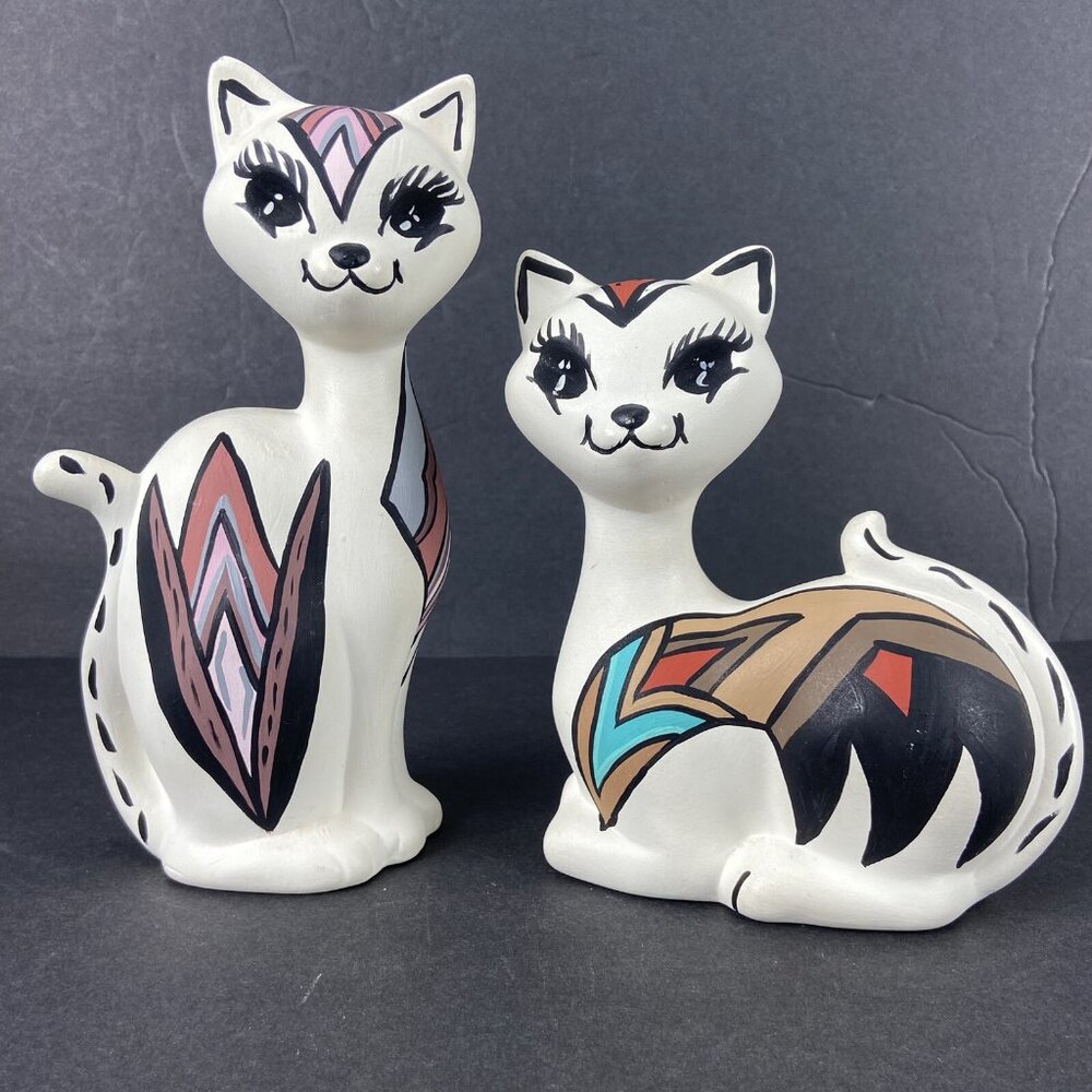 Cat Ceramic Figurine Southwestern Painted Lot of 2 Matte Finish Signed Off White